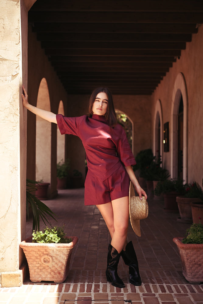 maroon dress shorts Monroe Micro Burgundy / M the Renata dress features a mini fit with asymmetrical double layered hem and backless design Boheme Rose Mini Romper Dress